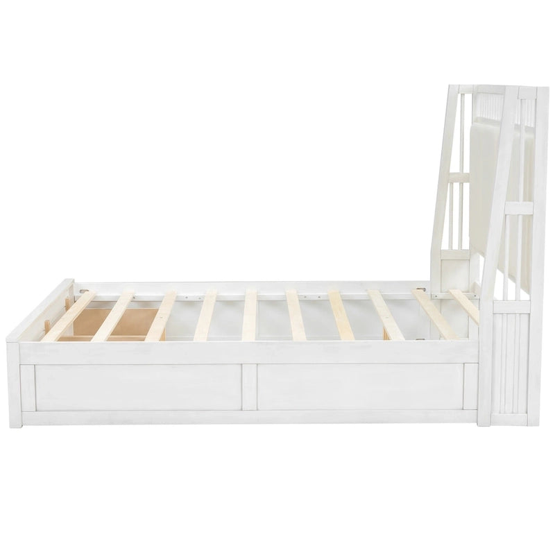 Letto a piattaforma matrimoniale queen size in legno bianco con testiera imbottita e 2 cassetti