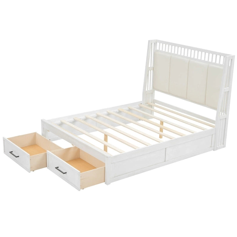 Letto a piattaforma matrimoniale queen size in legno bianco con testiera imbottita e 2 cassetti