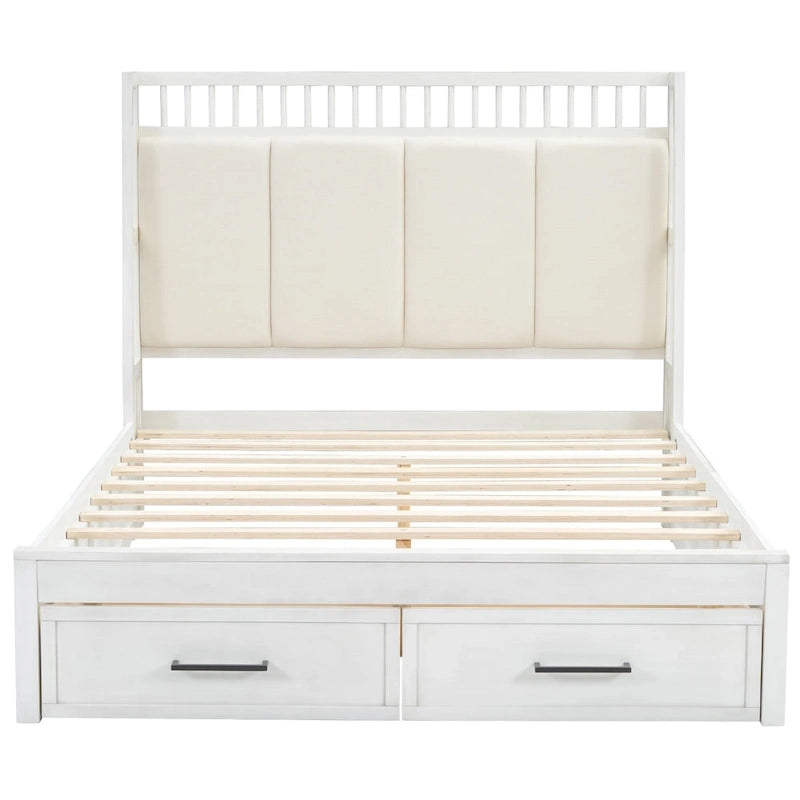 Letto a piattaforma matrimoniale queen size in legno bianco con testiera imbottita e 2 cassetti