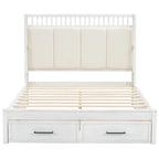 Letto a piattaforma matrimoniale queen size in legno bianco con testiera imbottita e 2 cassetti