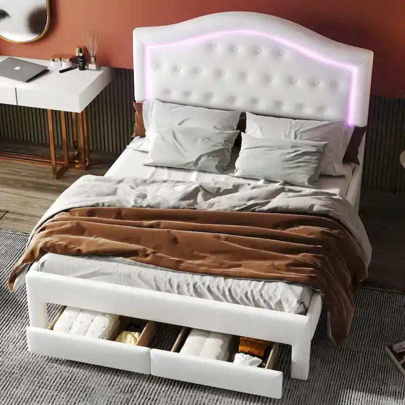 Letto matrimoniale imbottito bianco con testiera trapuntata, LED e 2 cassetti