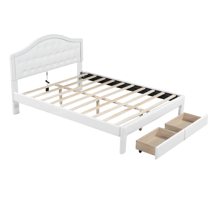 Letto matrimoniale imbottito bianco con testiera trapuntata, LED e 2 cassetti