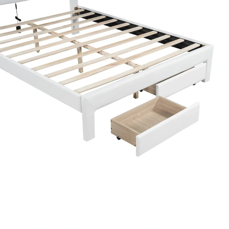 Letto matrimoniale imbottito bianco con testiera trapuntata, LED e 2 cassetti