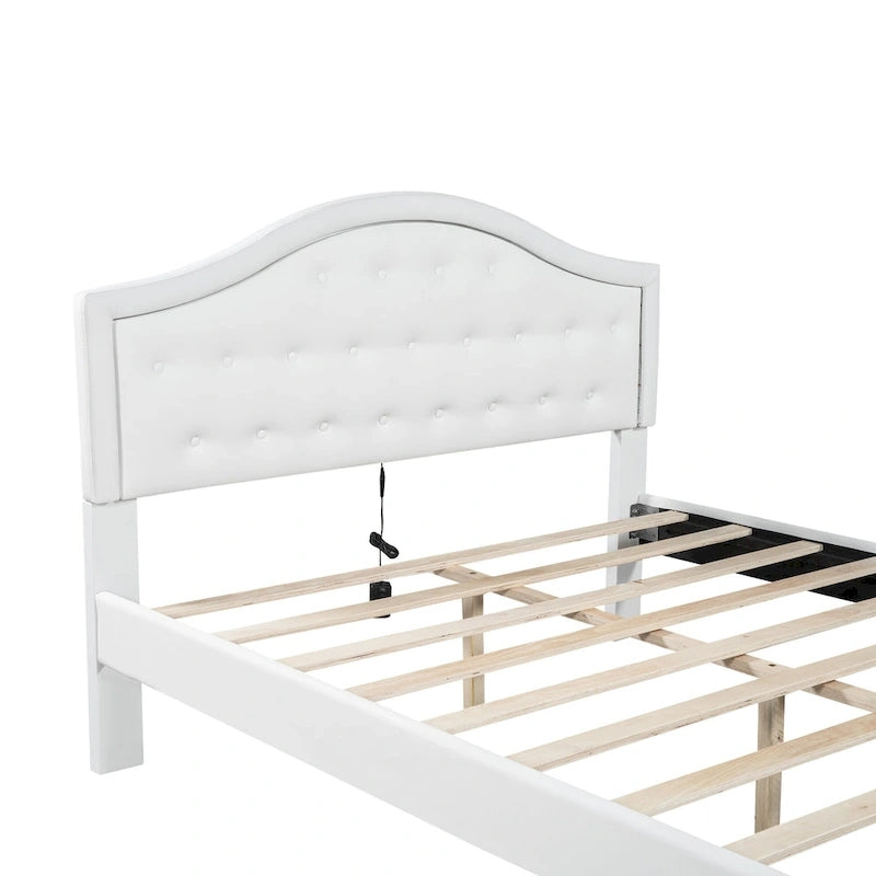 Letto matrimoniale imbottito bianco con testiera trapuntata, LED e 2 cassetti