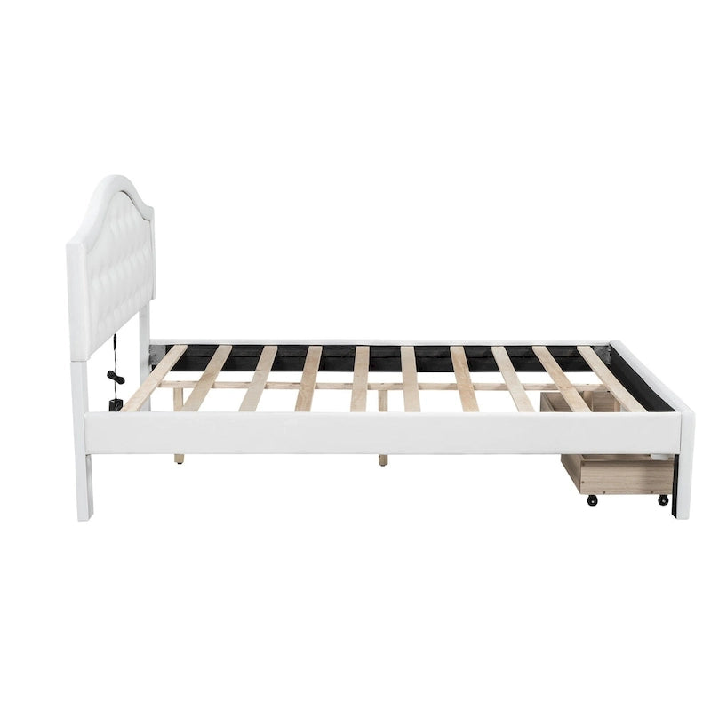 Letto matrimoniale imbottito bianco con testiera trapuntata, LED e 2 cassetti