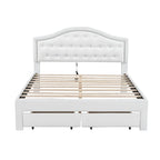 Letto matrimoniale imbottito bianco con testiera trapuntata, LED e 2 cassetti