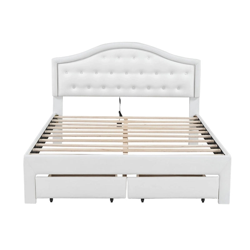 Letto matrimoniale imbottito bianco con testiera trapuntata, LED e 2 cassetti