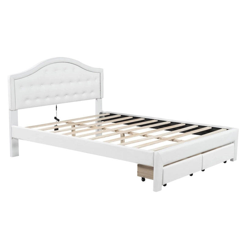 Letto matrimoniale imbottito bianco con testiera trapuntata, LED e 2 cassetti