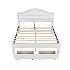 Letto matrimoniale imbottito bianco con testiera trapuntata, LED e 2 cassetti