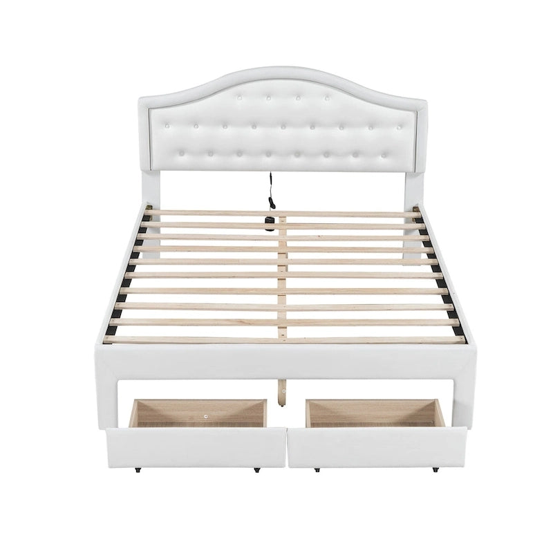 Letto matrimoniale imbottito bianco con testiera trapuntata, LED e 2 cassetti