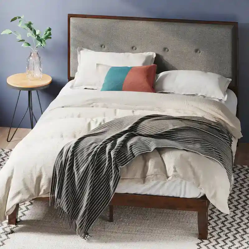  Brown Wood Platform Bed Frame with Adjustable Upholstered Headboard