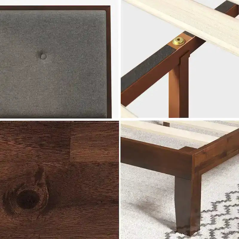 Struttura letto a piattaforma in legno marrone con testiera imbottita regolabile