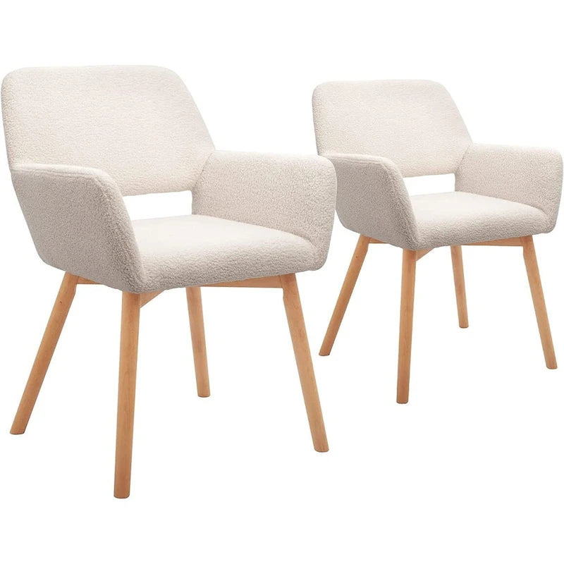 Poltrone Moderne in Velluto con Braccioli e Gambe in Legno Massello, Set da 2, Bianco