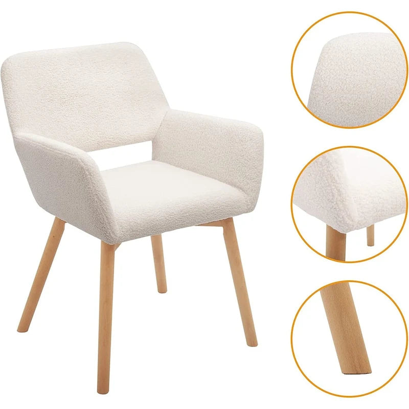 Poltrone Moderne in Velluto con Braccioli e Gambe in Legno Massello, Set da 2, Bianco