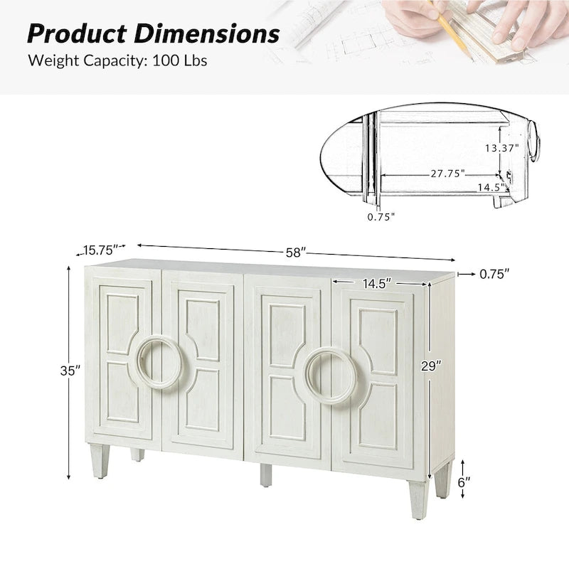 Credenza a buffet contemporanea da 58" con maniglie rotonde in legno massiccio