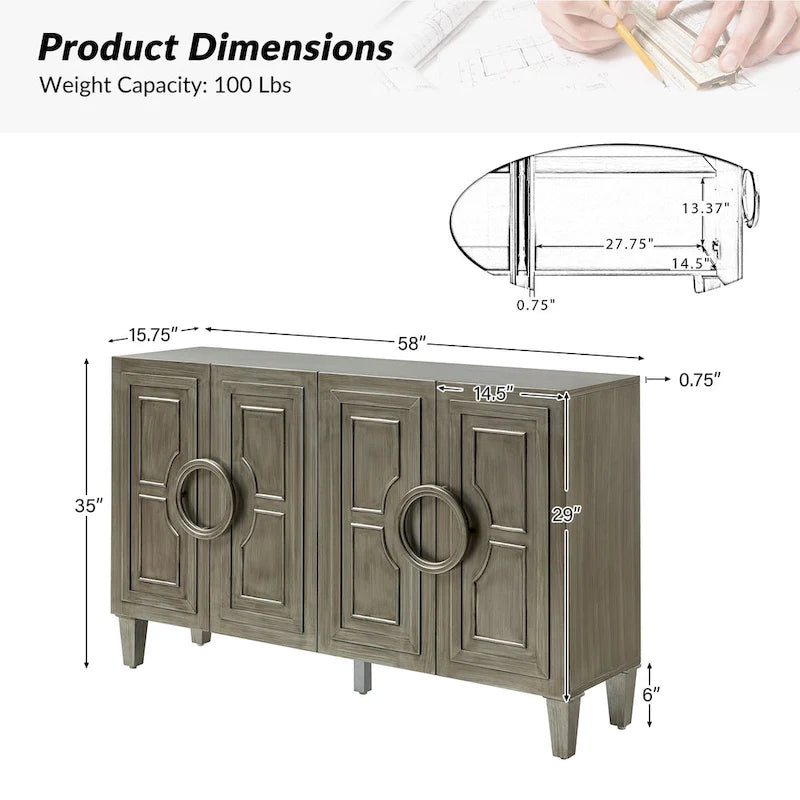 Credenza a buffet contemporanea da 58" con maniglie rotonde in legno massiccio