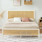Letto a piattaforma moderno in rattan con testiera e luce a LED