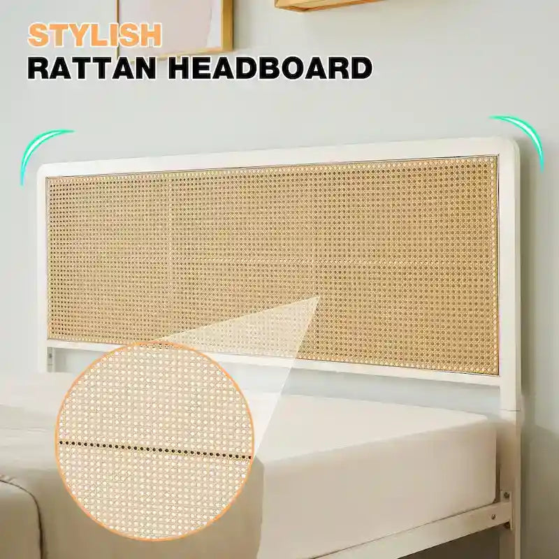 Letto a piattaforma moderno in rattan con testiera e luce a LED