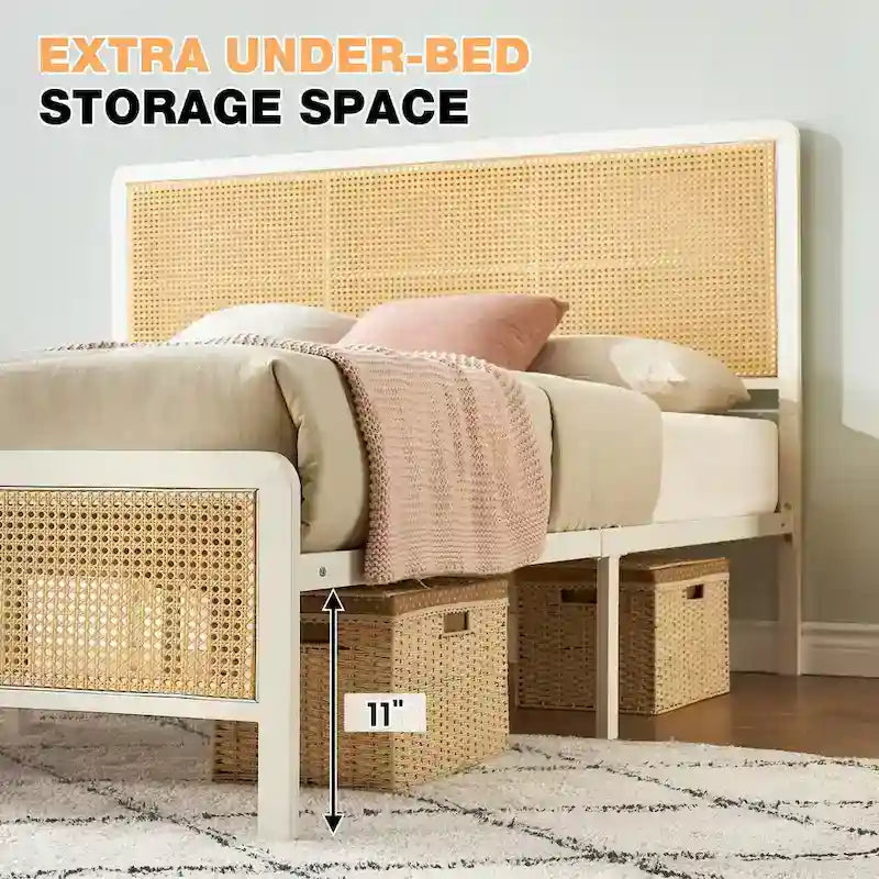 Letto a piattaforma moderno in rattan con testiera e luce a LED