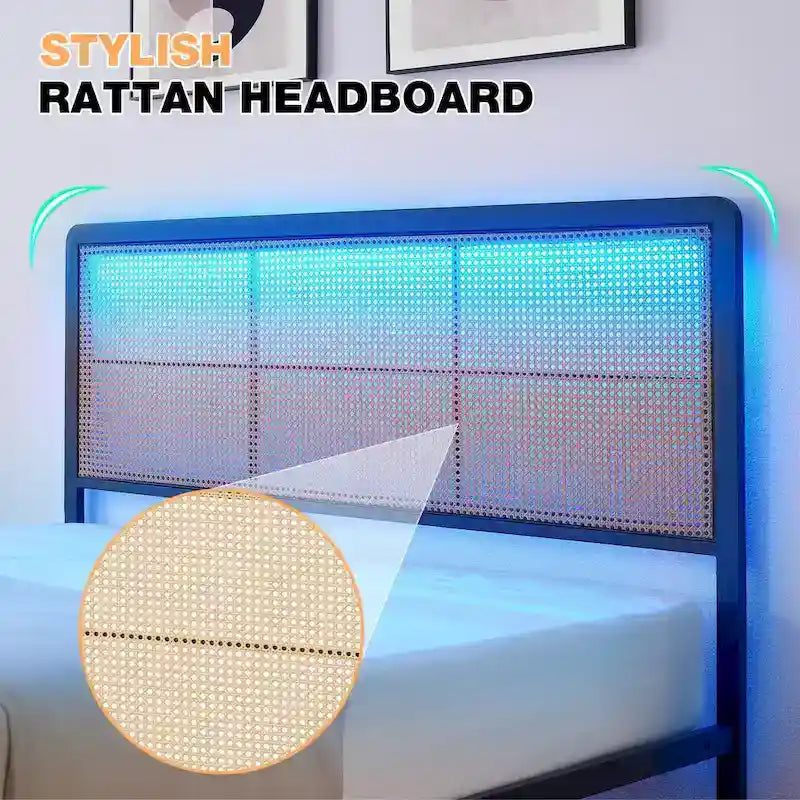 Letto a piattaforma moderno in rattan con testiera e luce a LED