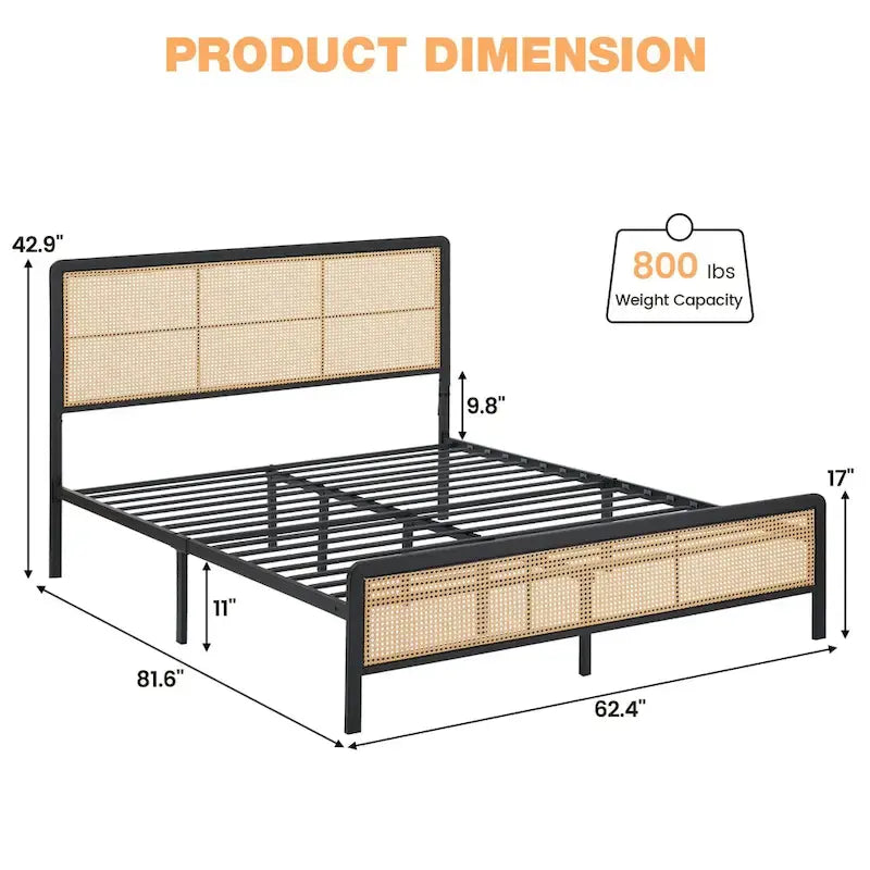 Letto a piattaforma moderno in rattan con testiera e luce a LED