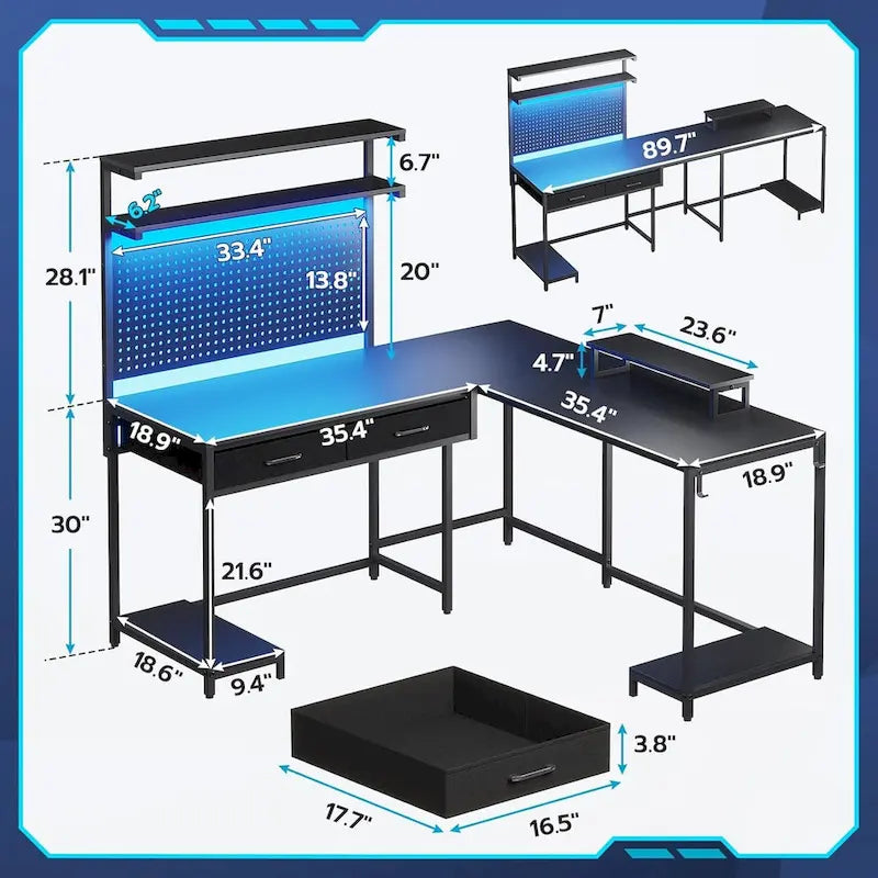 Scrivania da gaming a L con pannello forato e cassetti, supporto per monitor