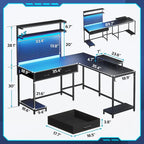 Scrivania da gaming a L con pannello forato e cassetti, supporto per monitor