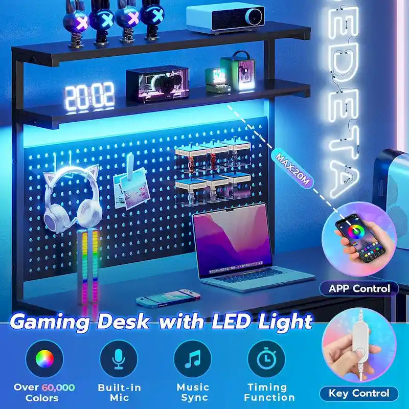 Scrivania da gaming a L con pannello forato e cassetti, supporto per monitor