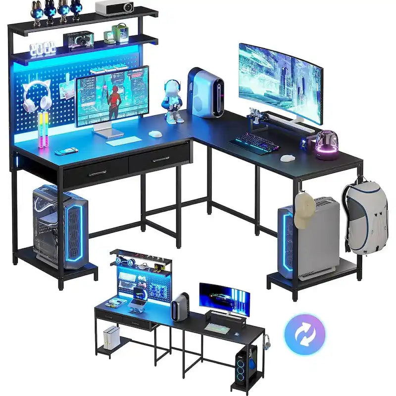 Scrivania da gaming a L con pannello forato e cassetti, supporto per monitor