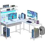 Scrivania da gaming a L con pannello forato e cassetti, supporto per monitor