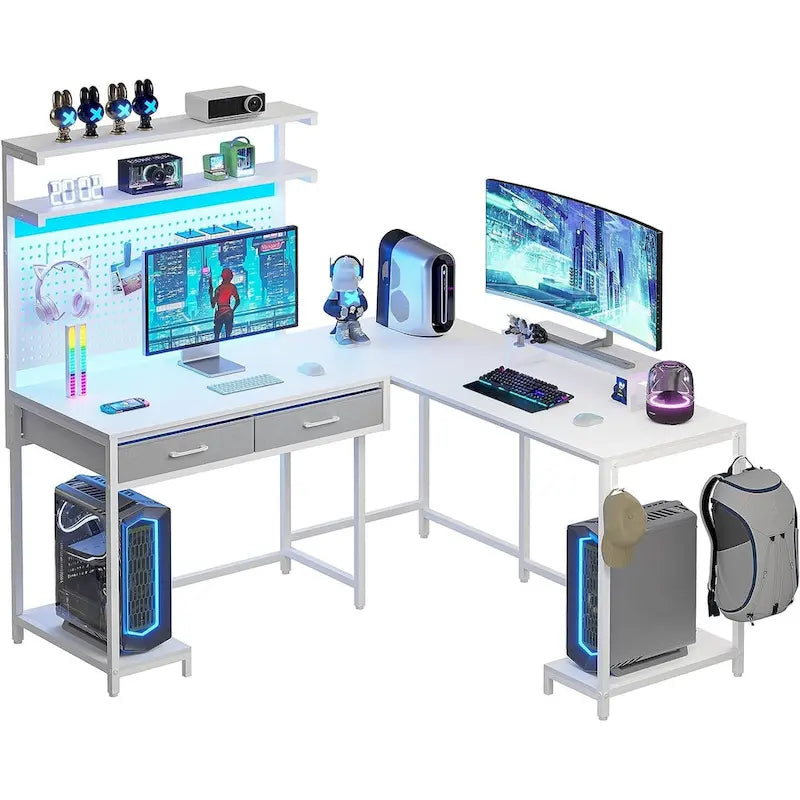 Scrivania da gaming a L con pannello forato e cassetti, supporto per monitor