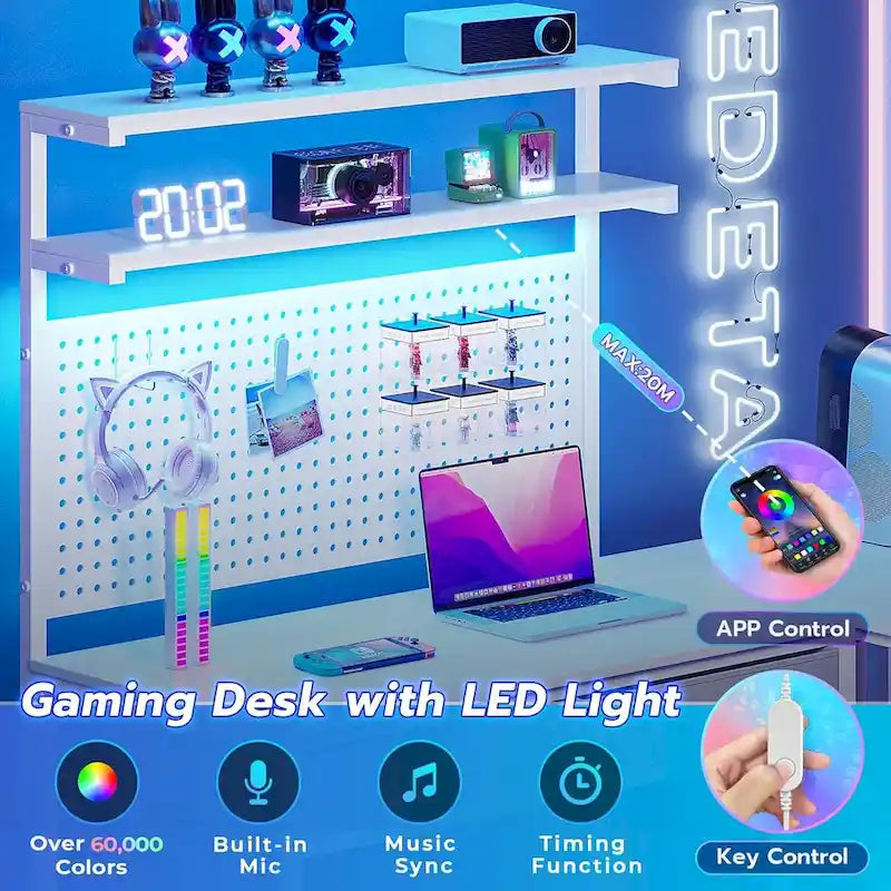 Scrivania da gaming a L con pannello forato e cassetti, supporto per monitor