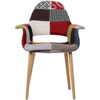 Poltrona moderna imbottita in tessuto organico con gambe in legno naturale per sala da pranzo, ufficio o come sedia laterale per lounge.