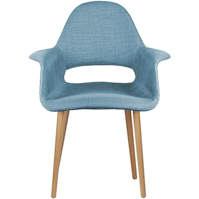 Poltrona moderna imbottita in tessuto organico con gambe in legno naturale per sala da pranzo, ufficio o come sedia laterale per lounge.