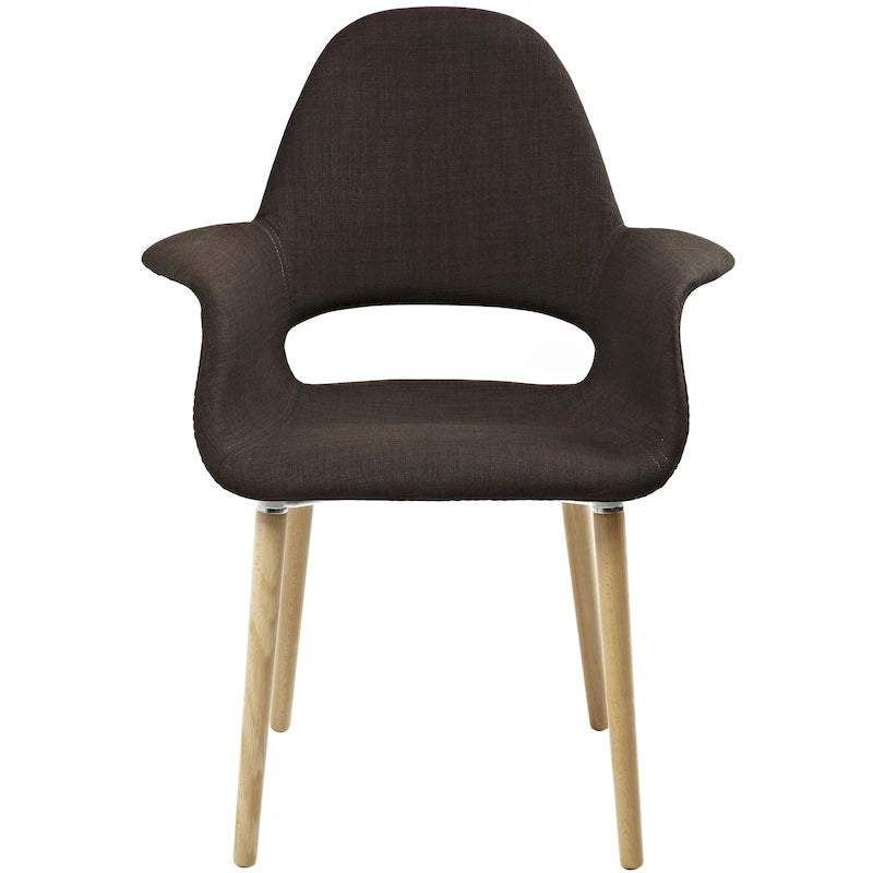 Poltrona moderna imbottita in tessuto organico con gambe in legno naturale per sala da pranzo, ufficio o come sedia laterale per lounge.