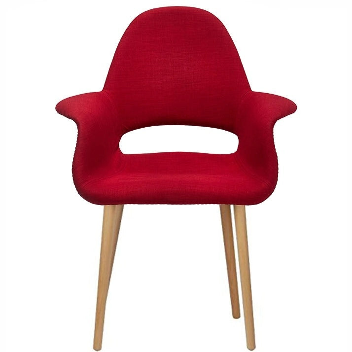 Poltrona moderna imbottita in tessuto organico con gambe in legno naturale per sala da pranzo, ufficio o come sedia laterale per lounge.