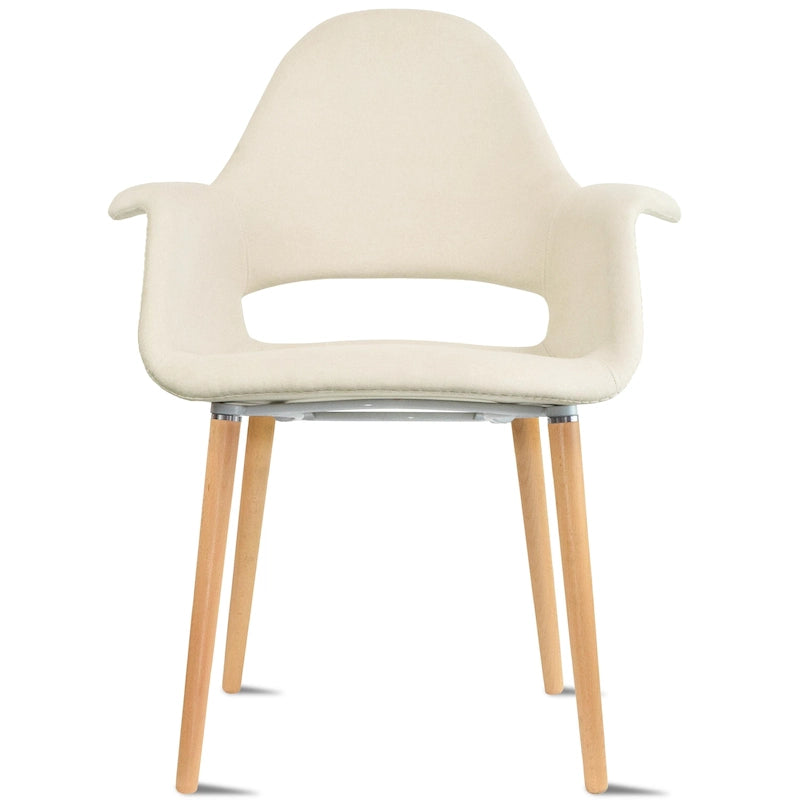 Poltrona moderna imbottita in tessuto organico con gambe in legno naturale per sala da pranzo, ufficio o come sedia laterale per lounge.