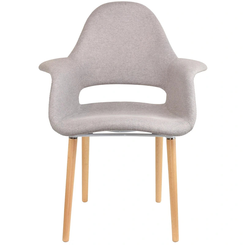 Poltrona moderna imbottita in tessuto organico con gambe in legno naturale per sala da pranzo, ufficio o come sedia laterale per lounge.