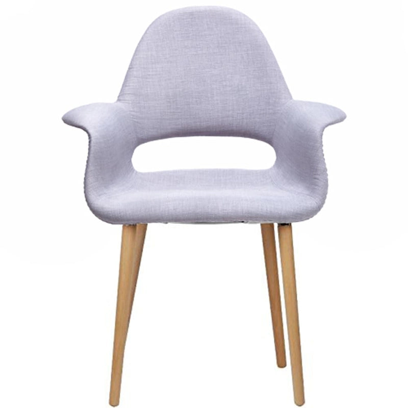 Poltrona moderna imbottita in tessuto organico con gambe in legno naturale per sala da pranzo, ufficio o come sedia laterale per lounge.