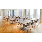 Poltrona moderna imbottita in tessuto organico con gambe in legno naturale per sala da pranzo, ufficio o come sedia laterale per lounge.
