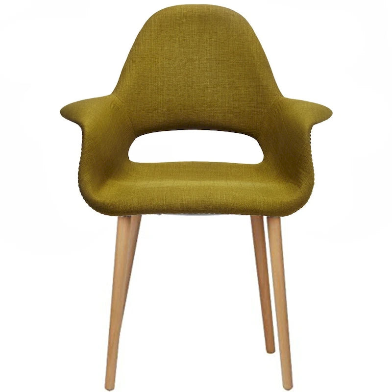 Poltrona moderna imbottita in tessuto organico con gambe in legno naturale per sala da pranzo, ufficio o come sedia laterale per lounge.