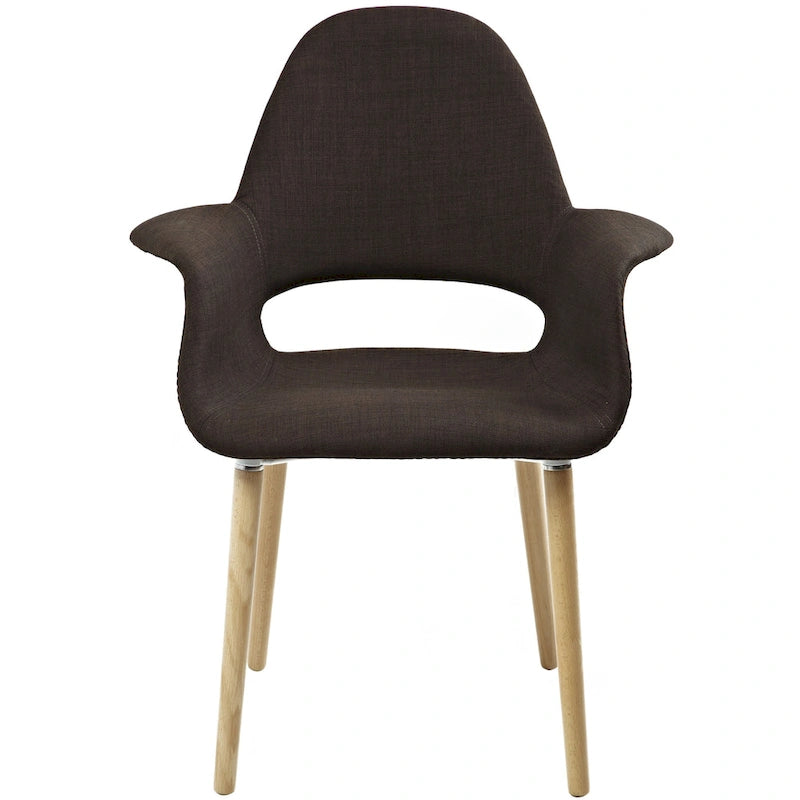 Poltrona moderna imbottita in tessuto organico con gambe in legno naturale per sala da pranzo, ufficio o come sedia laterale per lounge.
