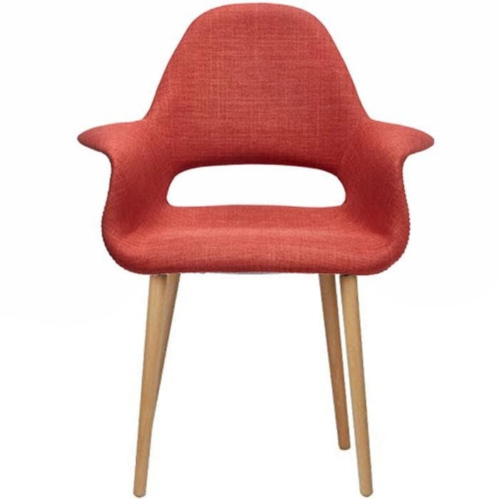 Poltrona moderna imbottita in tessuto organico con gambe in legno naturale per sala da pranzo, ufficio o come sedia laterale per lounge.