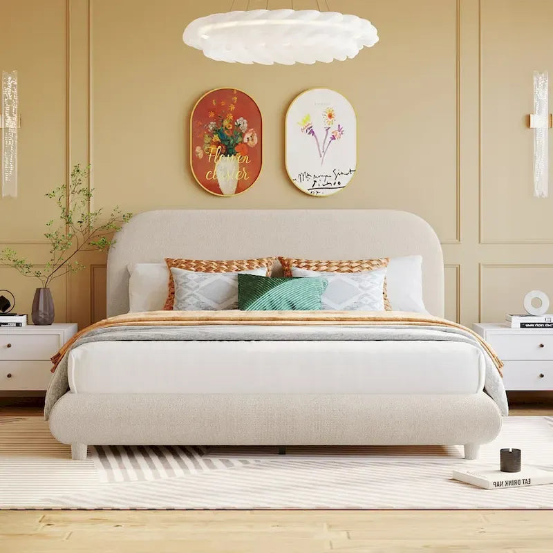 Letto a piattaforma imbottito queen size in pile Teddy con tessuto spesso