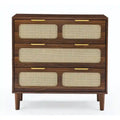  Mid-Century Modern Boho Style 3 Rattan Drawers Chest with MDF Frame and Solid Wood Legs, Chest of Drawers