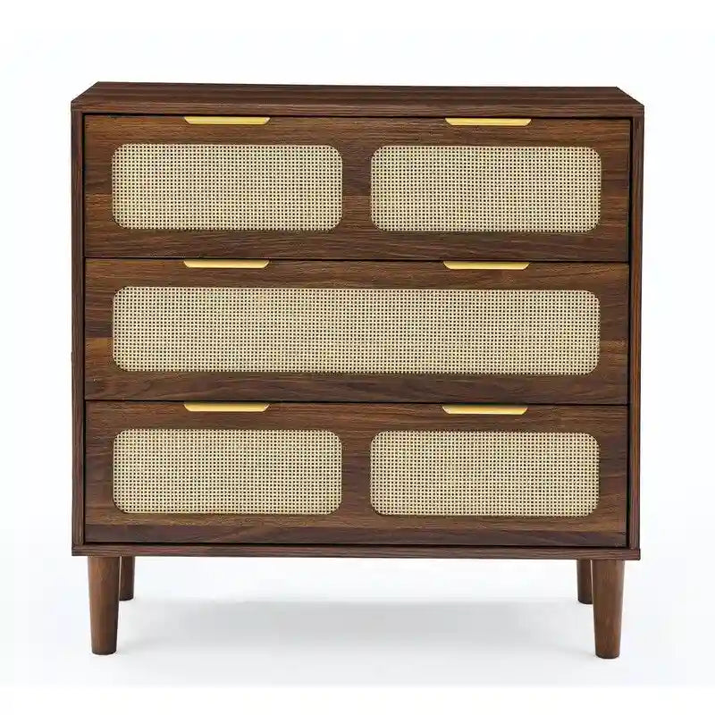  Mid-Century Modern Boho Style 3 Rattan Drawers Chest with MDF Frame and Solid Wood Legs, Chest of Drawers