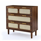 Cassettiera a 3 cassetti in rattan stile Boho moderno di metà secolo con struttura in MDF e gambe in legno massello, cassettiera