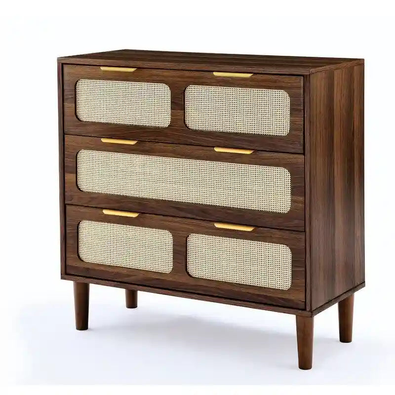 Cassettiera a 3 cassetti in rattan stile Boho moderno di metà secolo con struttura in MDF e gambe in legno massello, cassettiera