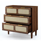 Cassettiera a 3 cassetti in rattan stile Boho moderno di metà secolo con struttura in MDF e gambe in legno massello, cassettiera