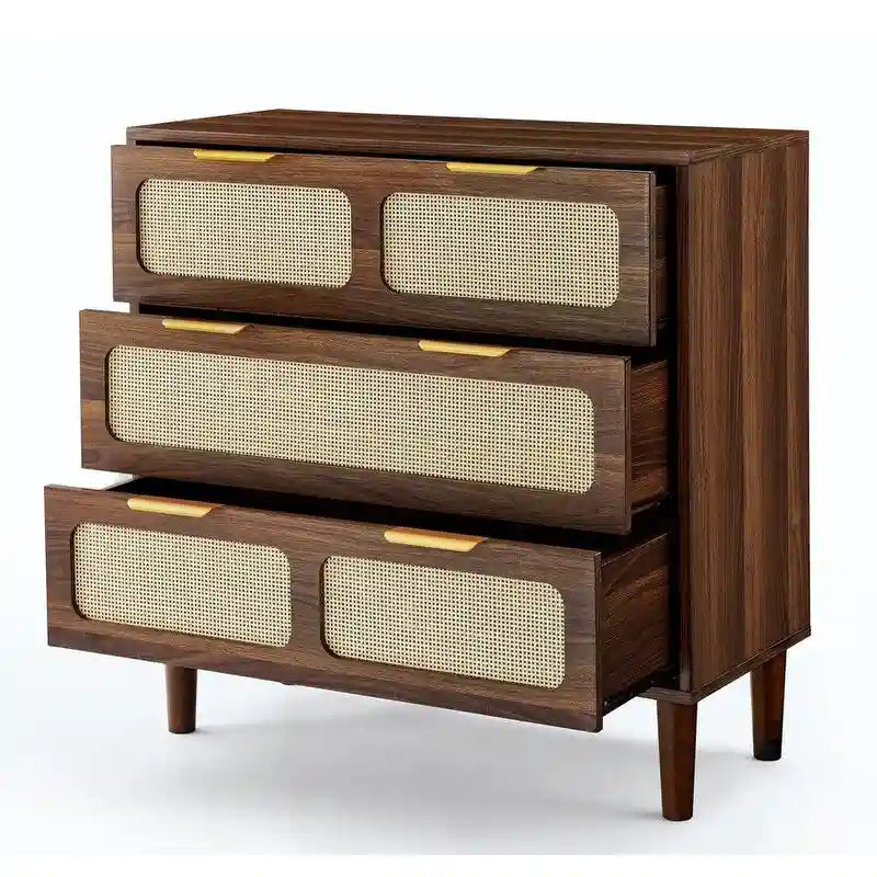 Cassettiera a 3 cassetti in rattan stile Boho moderno di metà secolo con struttura in MDF e gambe in legno massello, cassettiera
